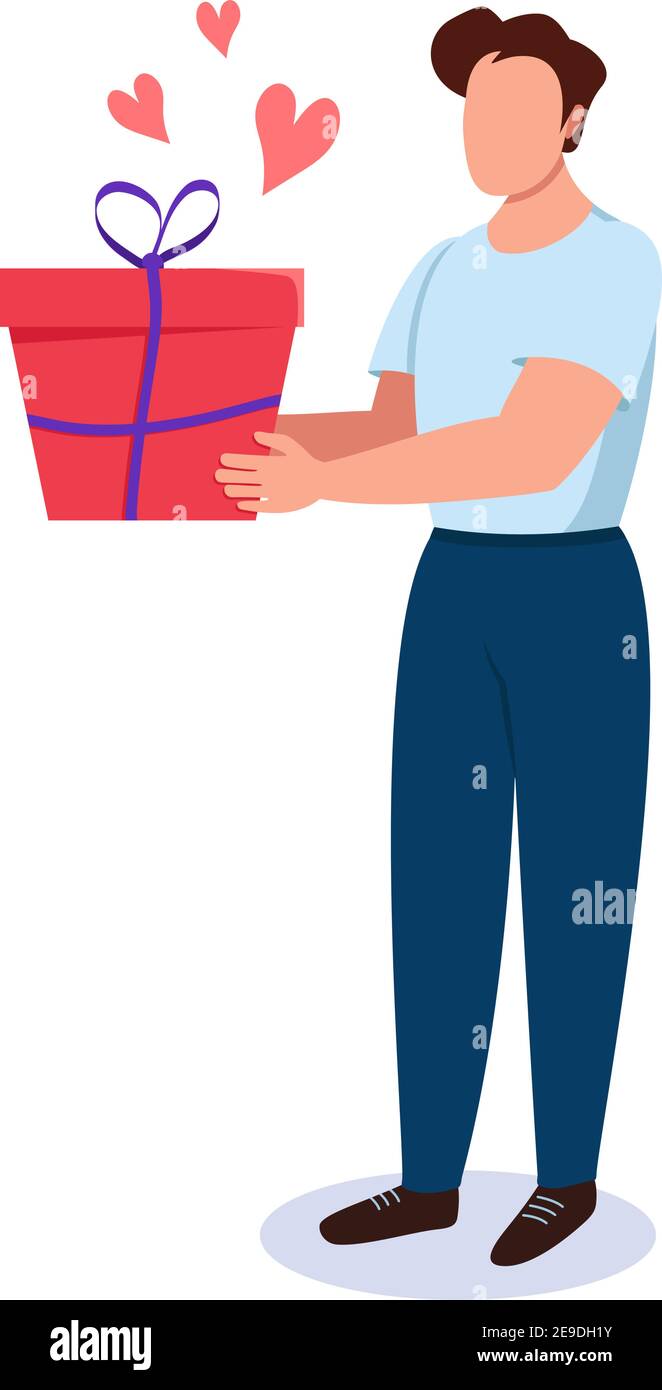 Man and woman with a gift box in their hands with a big heart on background. Stock Vector