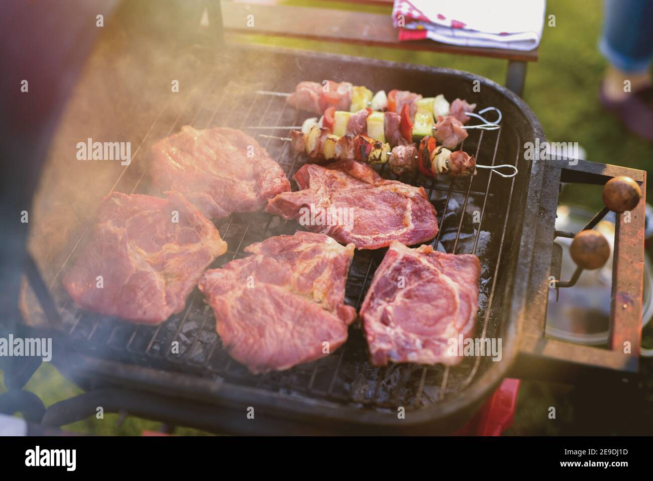Close up of meat on barbeque grill Stock Photo Alamy