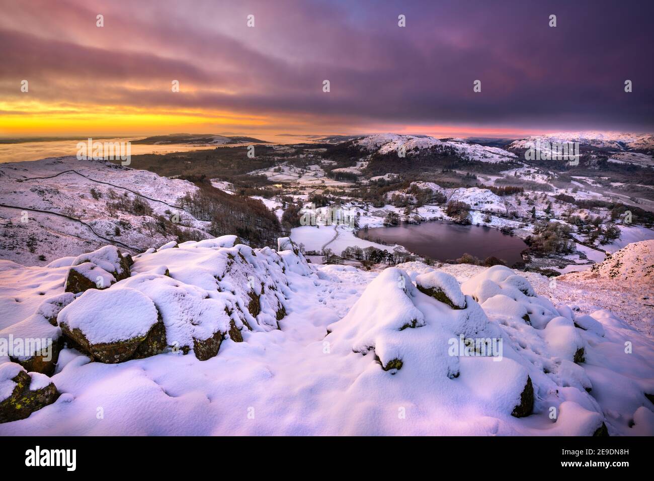 Beautiful Winter sunrise with pink and purple hues reflecting on fresh covering of snow. Loughrigg Fell, Lake District, UK. Stock Photo