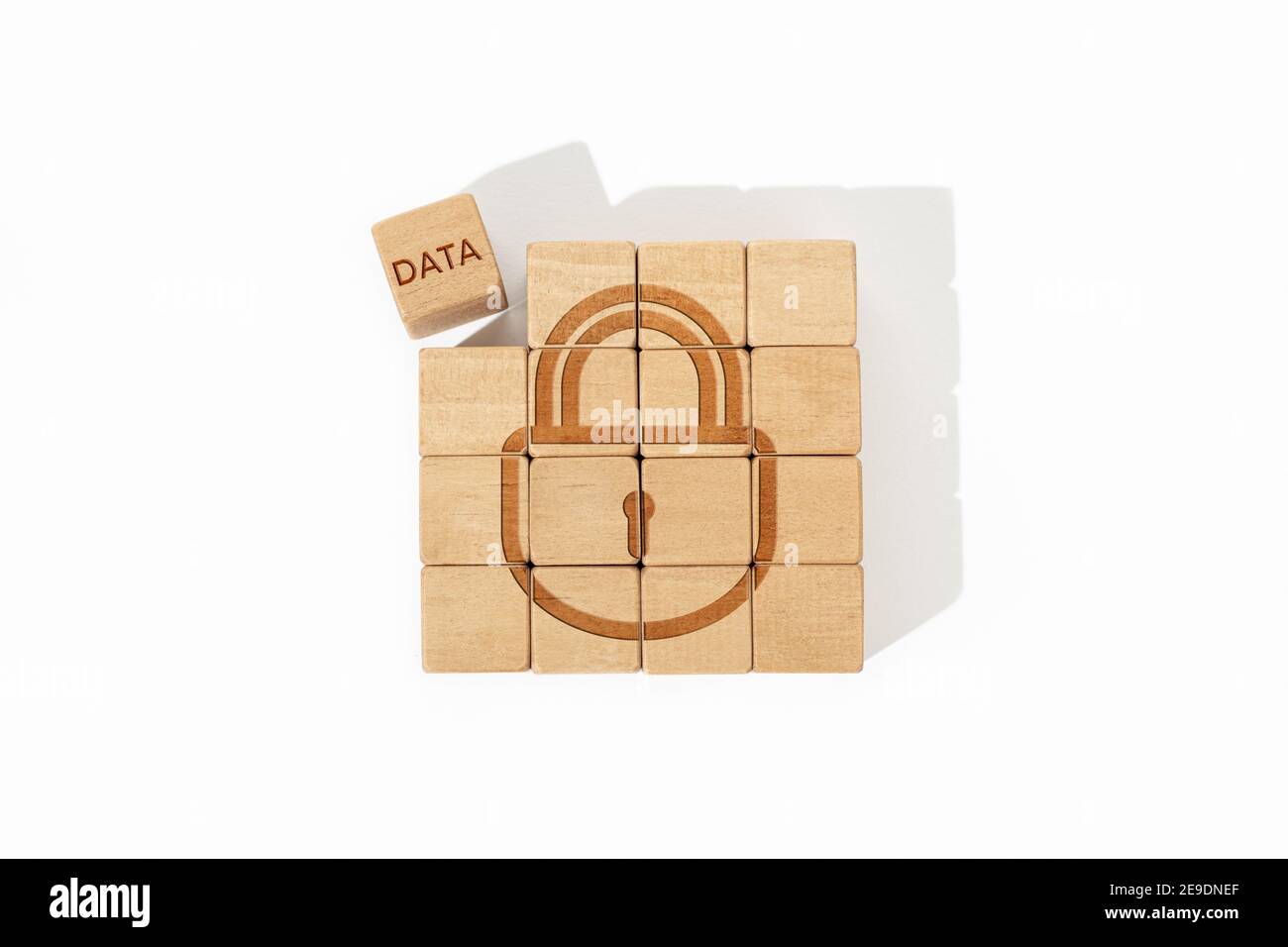 Data security concept. Wooden blocks with lock icon and data word isolated on white background Stock Photo