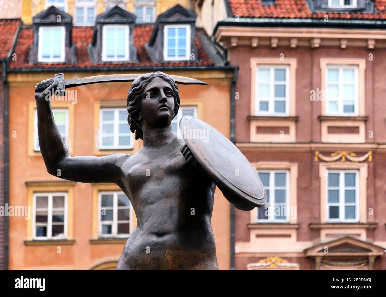 Mermaid - Syrenka - Statue by Konstanty Hegel, symbol of Warsaw, located in the center of Old Town Market Place, Warsaw, Poland, Europe Stock Photo