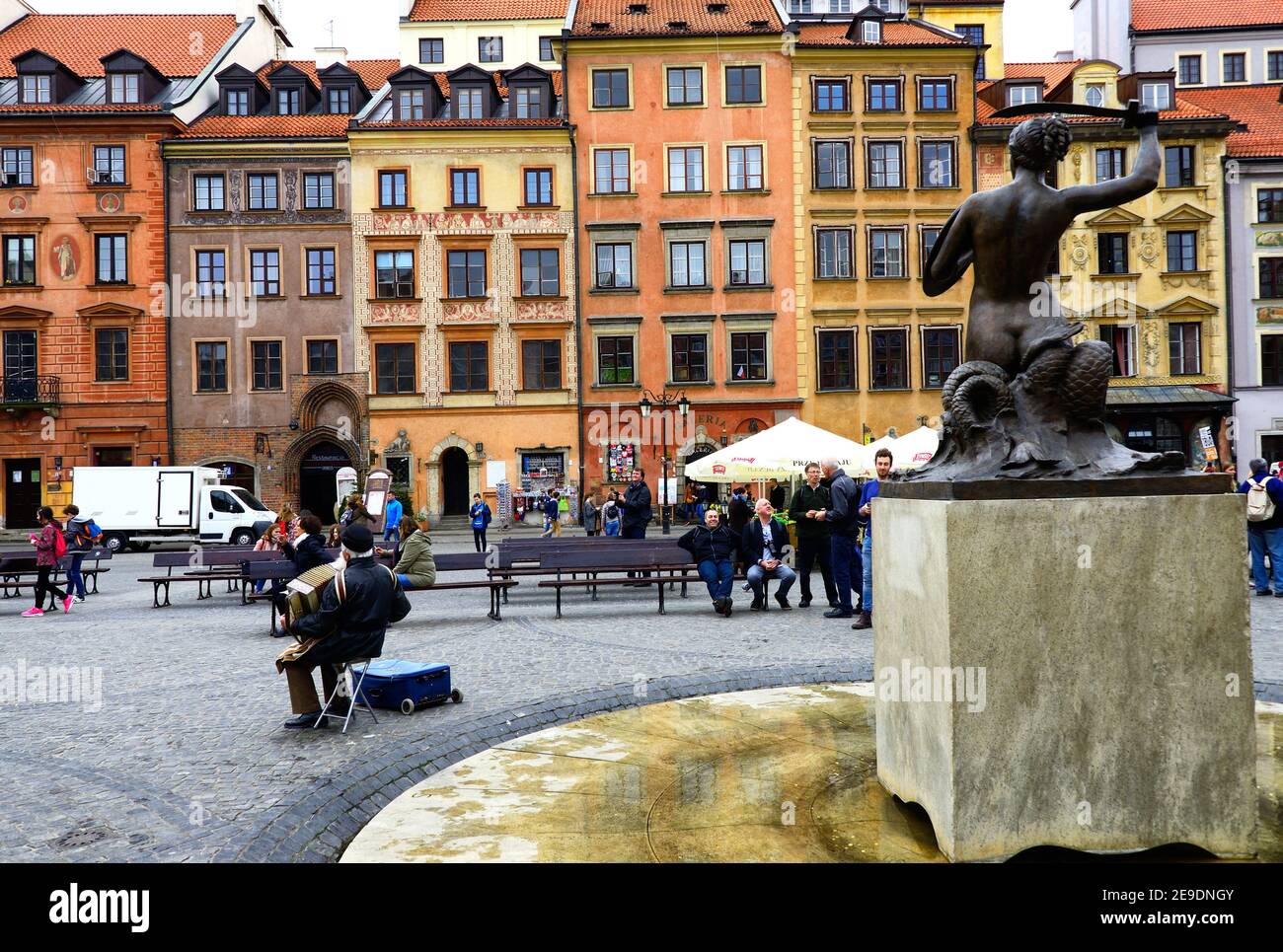 Old Town Market Place on right statue of Syrenka (little mermaid), Warsaw, Poland, Europe Stock Photo