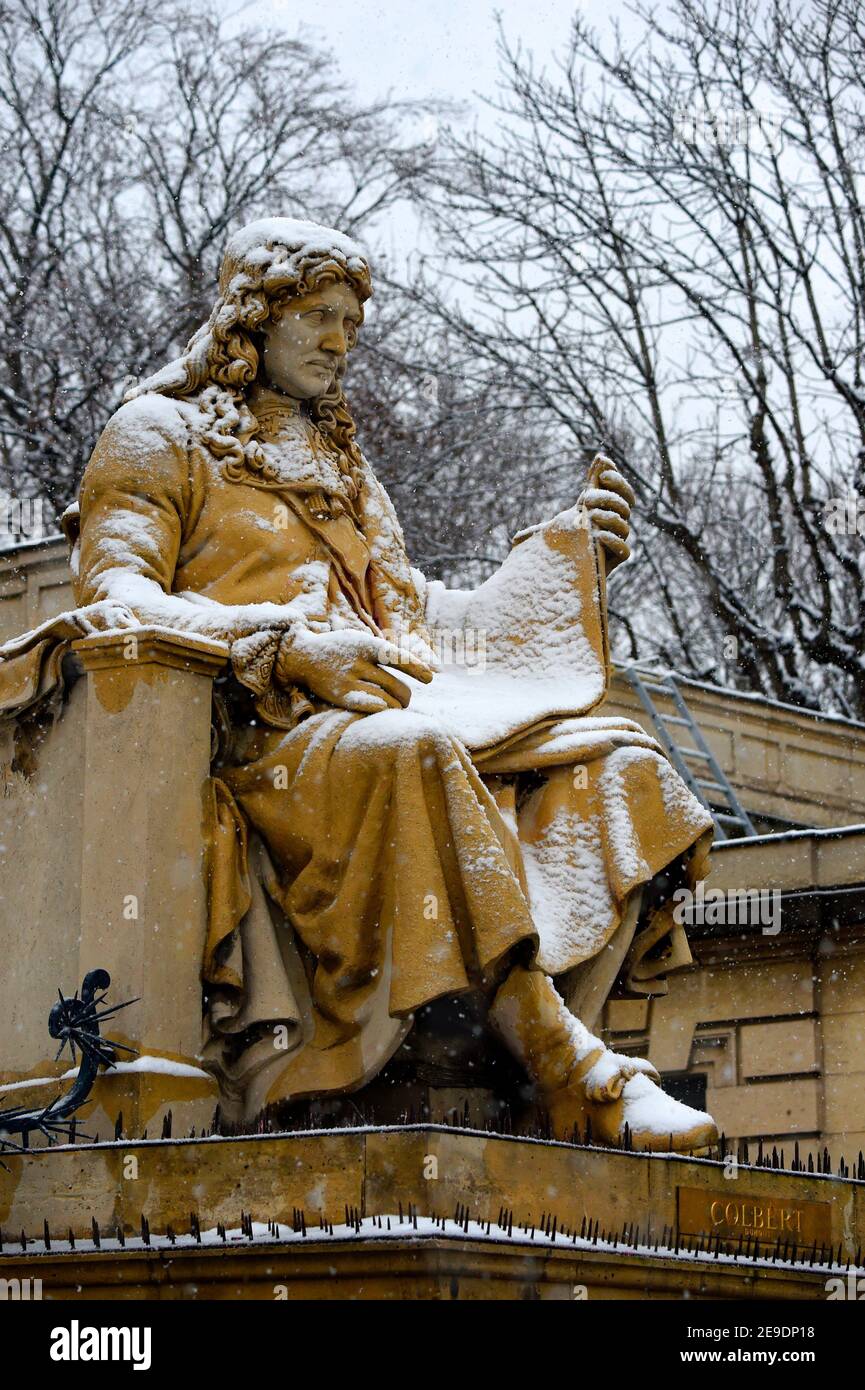 Jean-Baptiste Colbert statue under the snow, Assemblee Nationale, Paris, France. Stock Photo