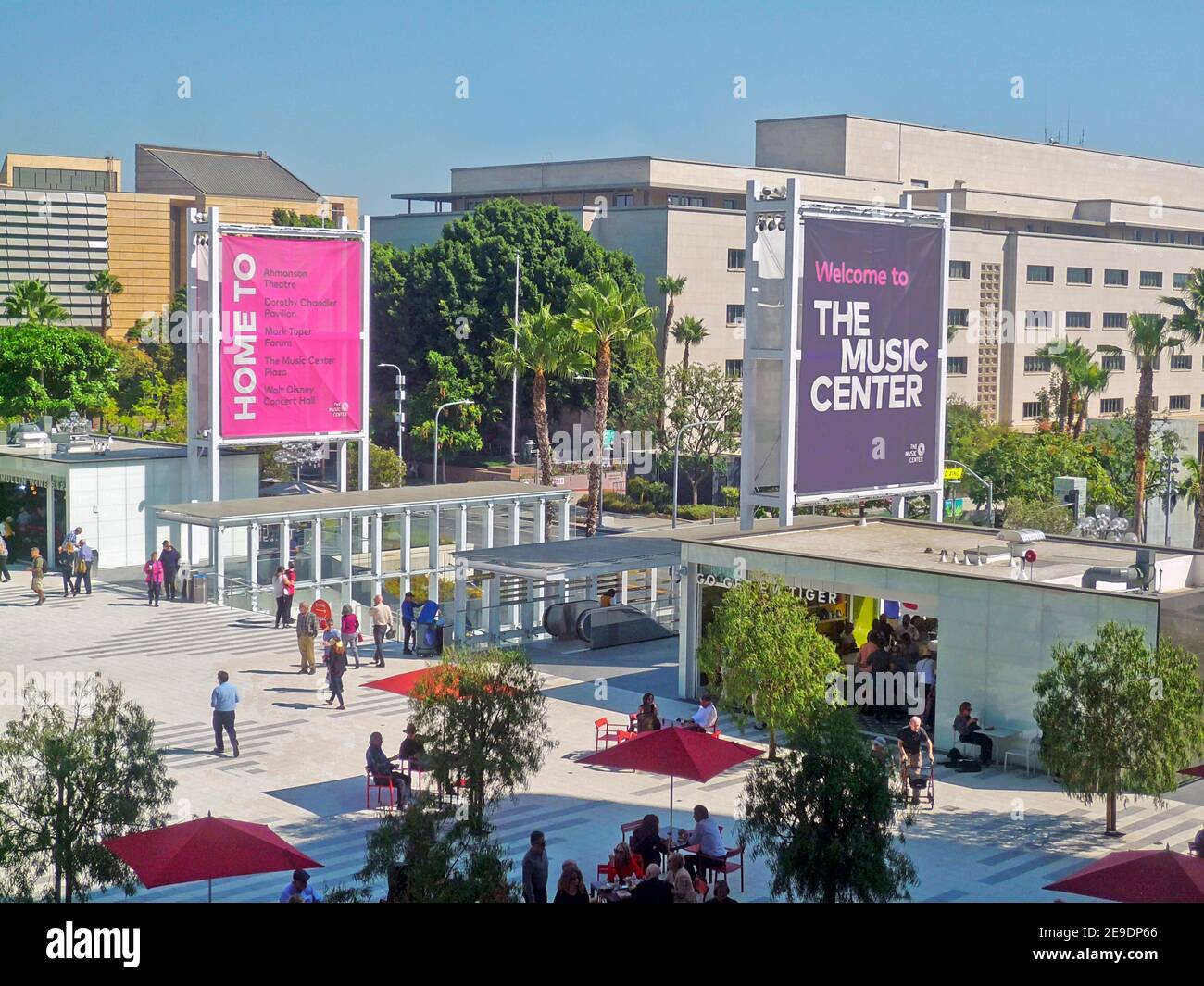 Los Angeles Music Center Plaza. The Music Center includes four performing arts houses, three of which are on the plaza and the fourth (Walt Disney Stock Photo
