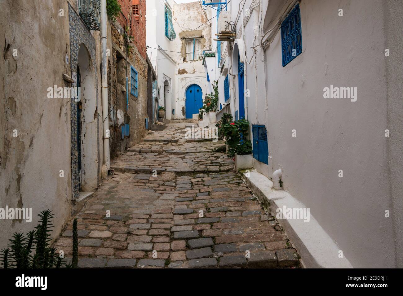 Traditional dwellings along a cobbled hillside street. Sidi Bou Said, the blue and white tourist village overlooking the Mediterranean Sea. Tunisia, Stock Photo