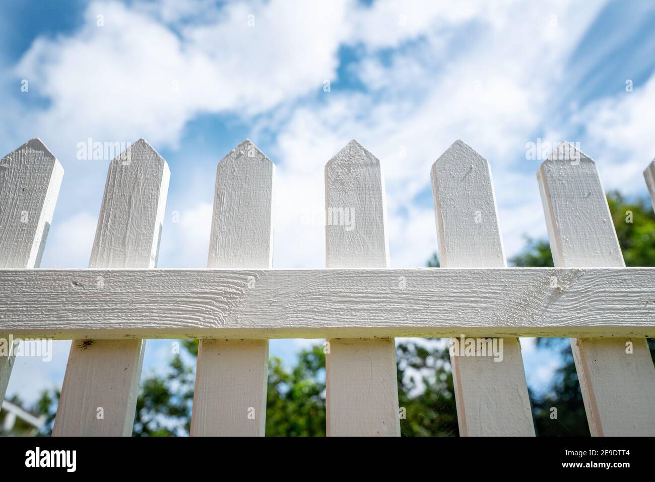 White picket fence under a blue sky in the summer reaching for heaven Stock Photo