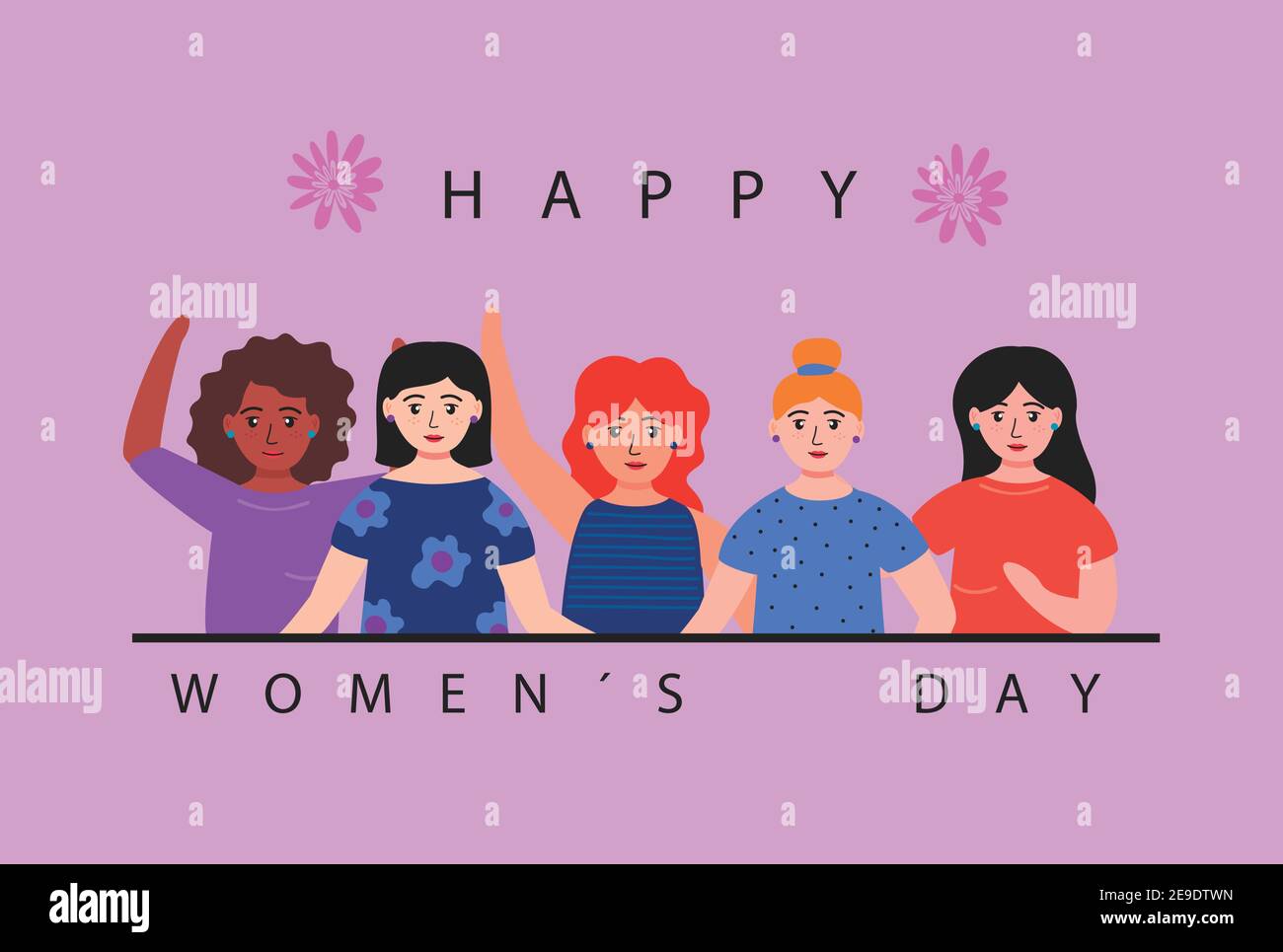 happy womens day lettering card with five interracial girls vector ...