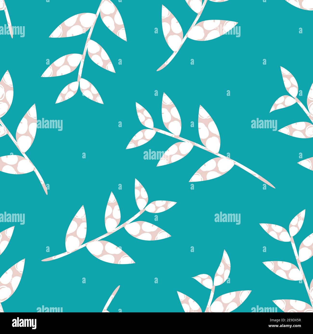 Mono print style scattered leaf stems seamless vector pattern background. Lino cut effect textured scattered foliage on aqua blue backdrop. Minimal Stock Vector