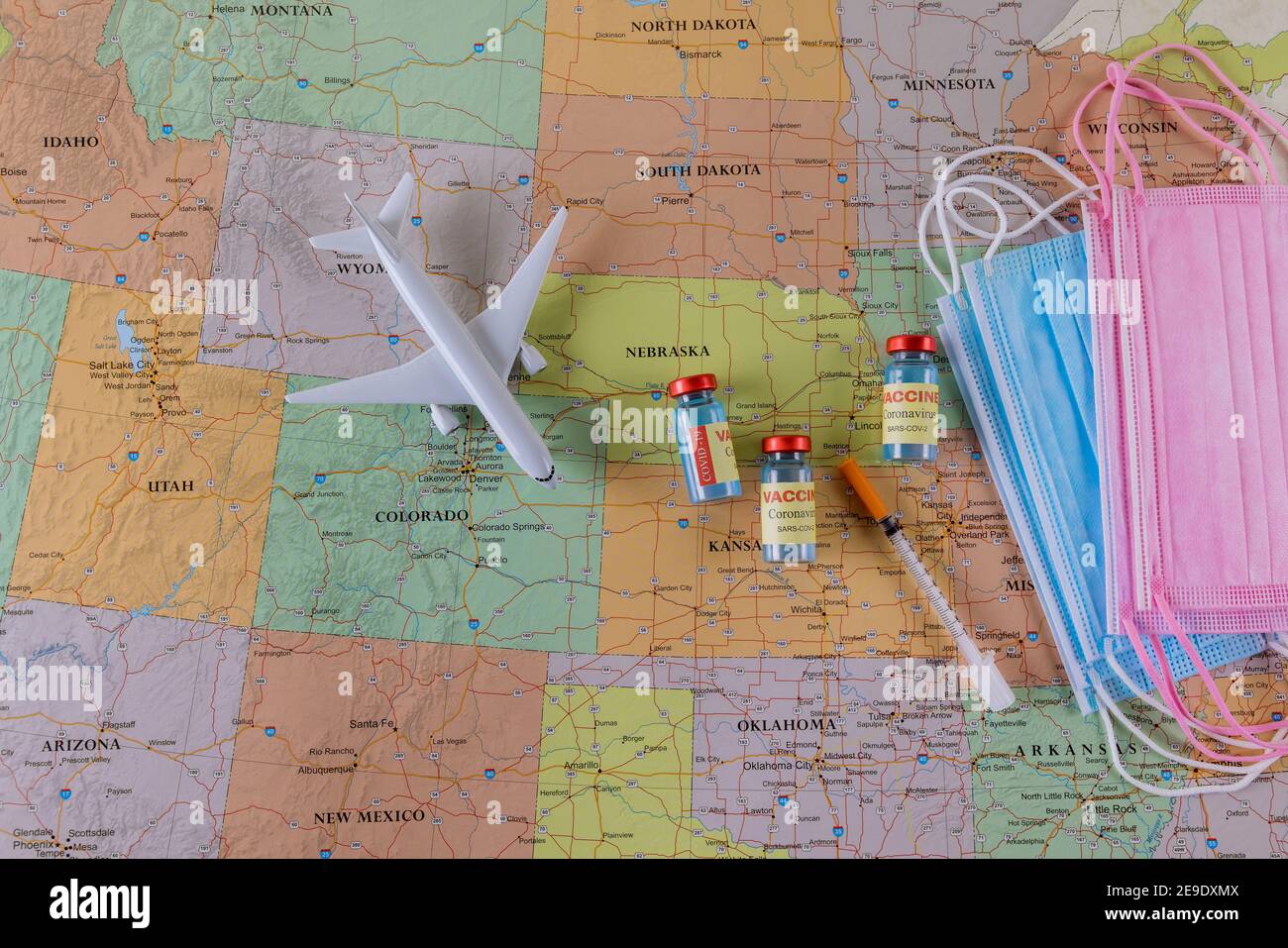 Travel during covid19 pandemic. Airplane model, protection medical