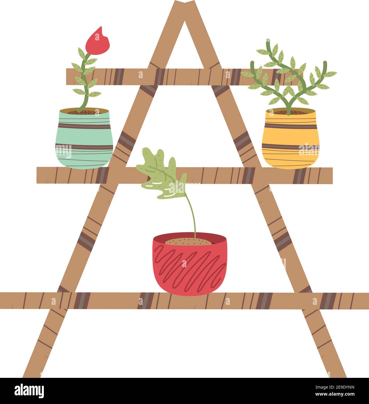 home garden wooden shelf with potted plants vector illustration Stock ...