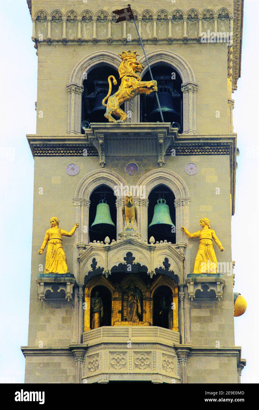 Messina astronomical clock.(Dina and Clarenza with the rooster, above Madonna of the Letter) Stock Photo