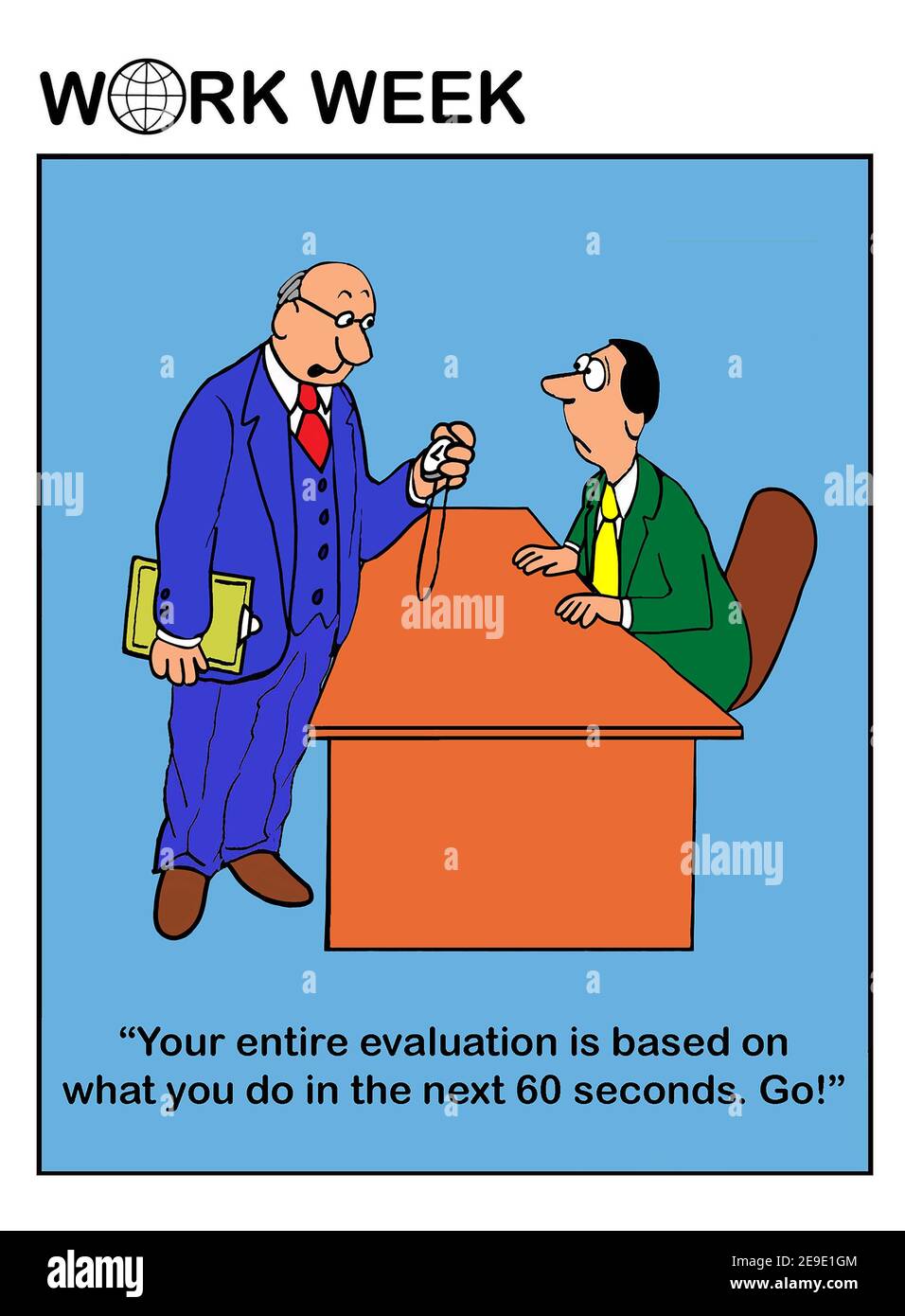 Boss puts worker under evaluation pressure. Stock Photo