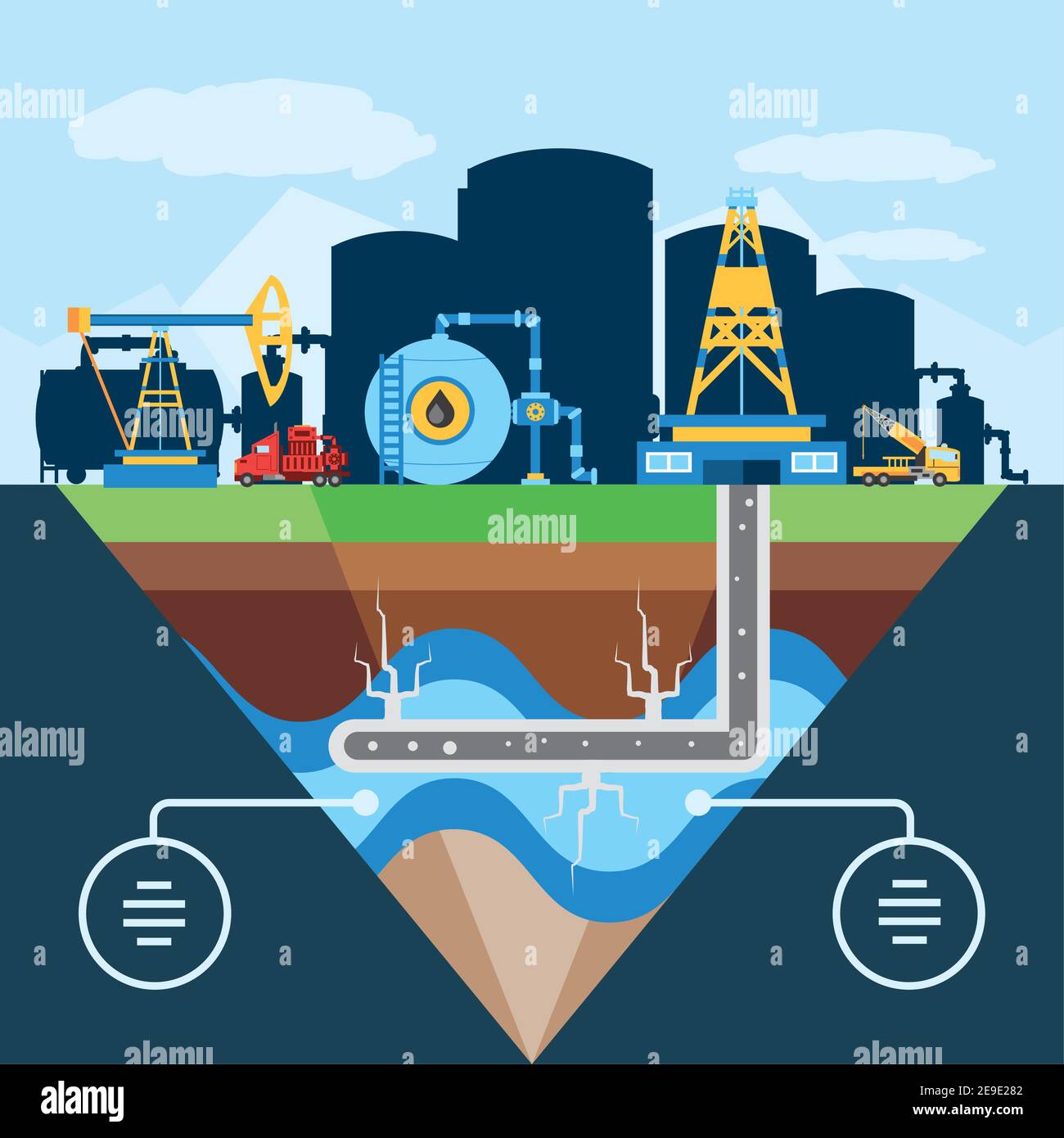 fracking schematic diagram of hydraulic well for oil reservoir vector