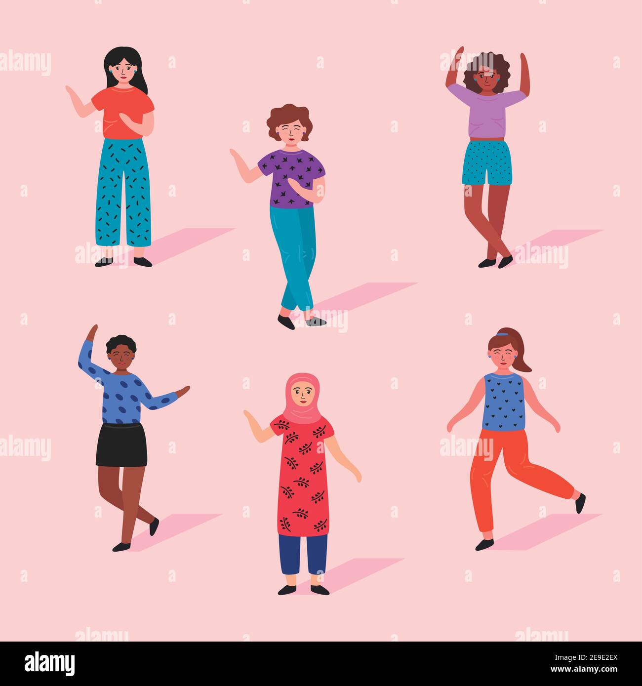 group of six young women standing avatars characters vector