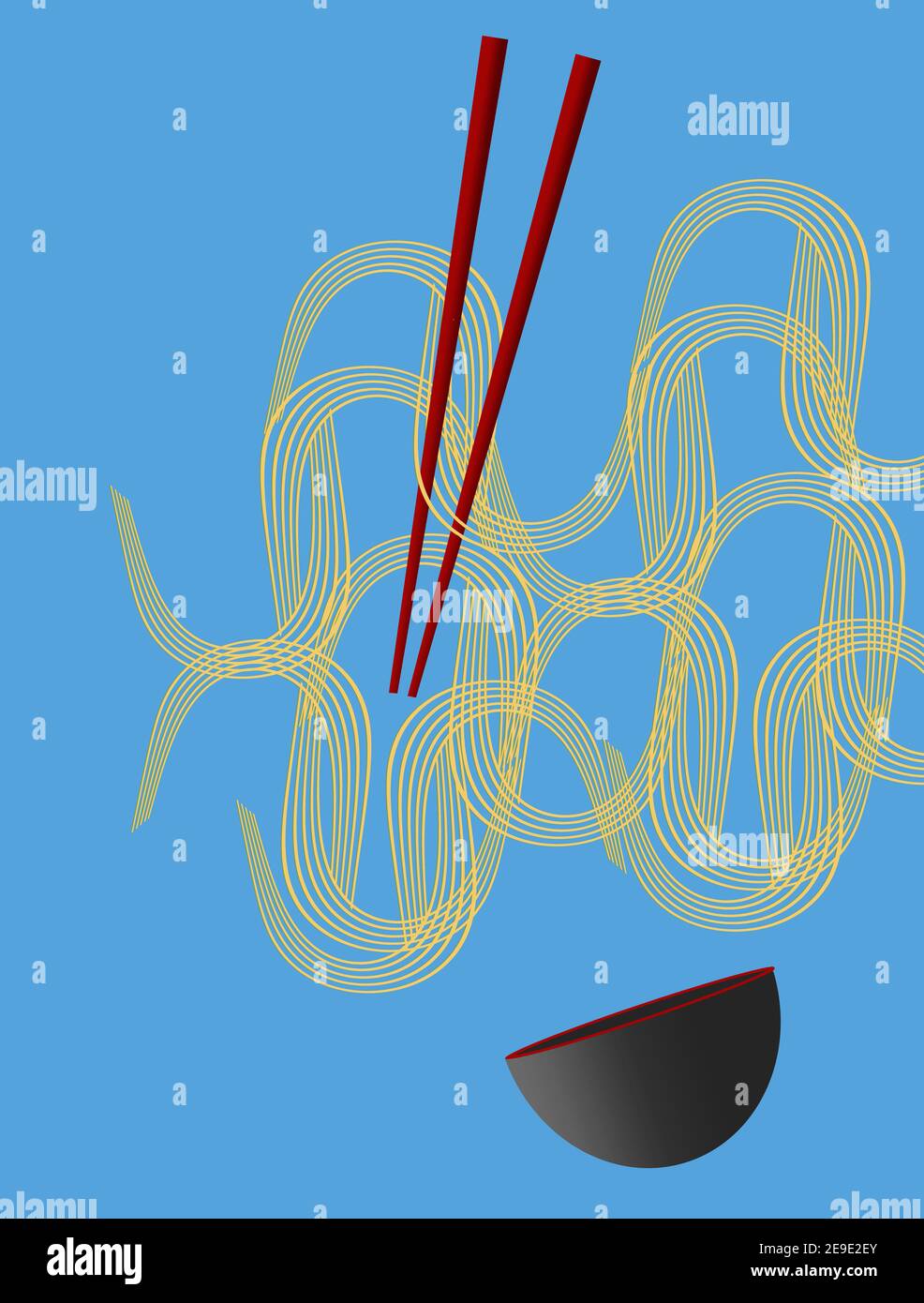 Noodles, waves of noodles, red chopsticks and a black and red  bowl are seen isolated on a blue background. Stock Photo