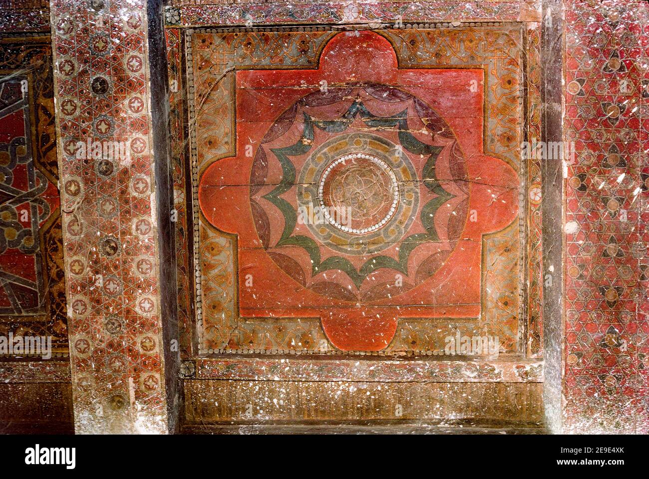 Friday Mosque, painted decoration on ceiling, Dhibin, Yemen Stock Photo