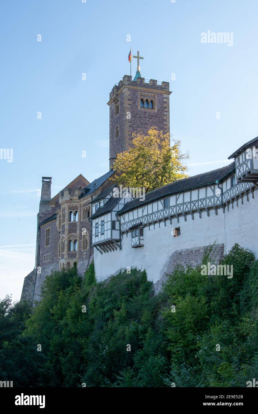 The Wartburg is a castle in Thuringia, above the city of Eisenach at the north-western end of the Thuringian Forest. Stock Photo