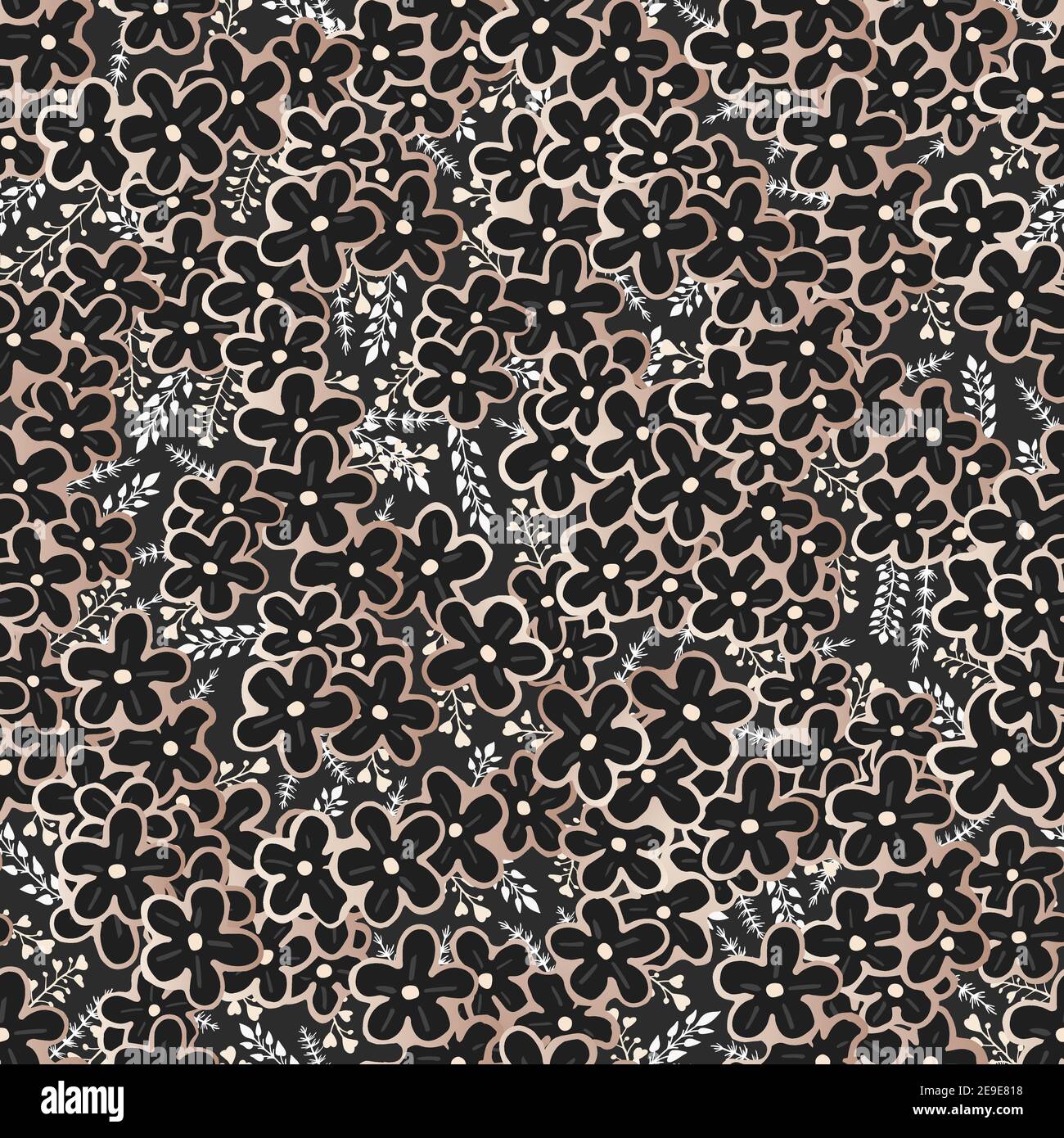 Vector seamless pattern with hand drawn gold flowers. Floral black ...
