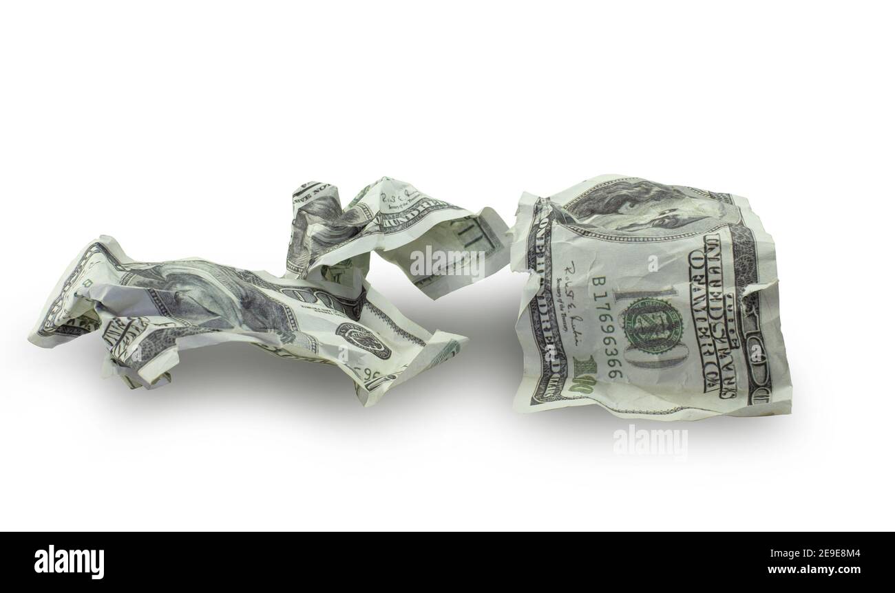 Money crushed one hundred dollar bills isolated on white background Stock Photo