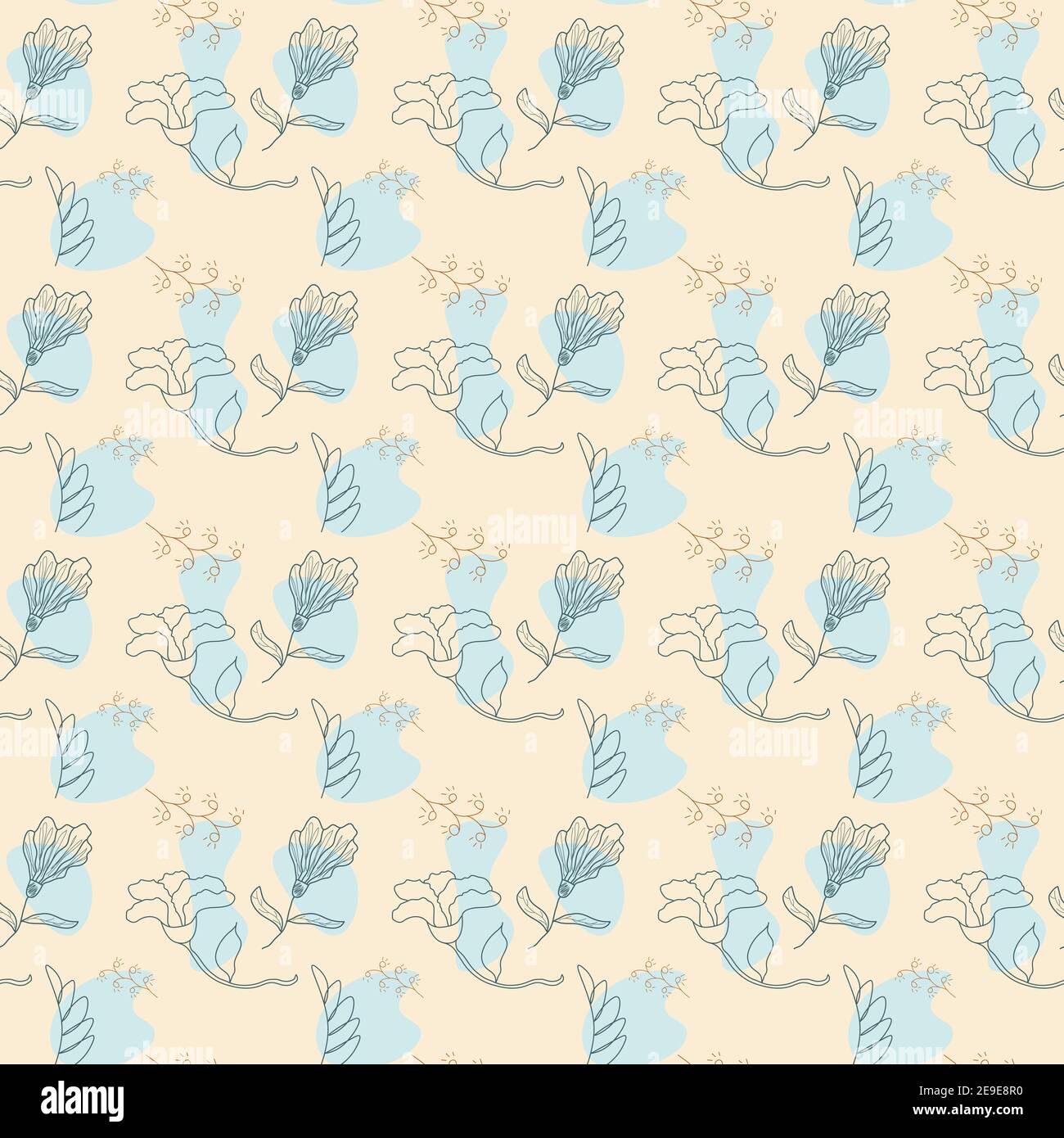 Seamless pattern with outline botanical doodles and light blue shapes on beige background Stock Vector