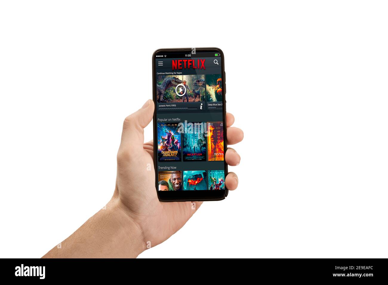 USA, NEW YORK February 2, 2021: Close up of phone with NETFLIX Interface video distribution service in Hand. Netflix is well known global provider of Stock Photo