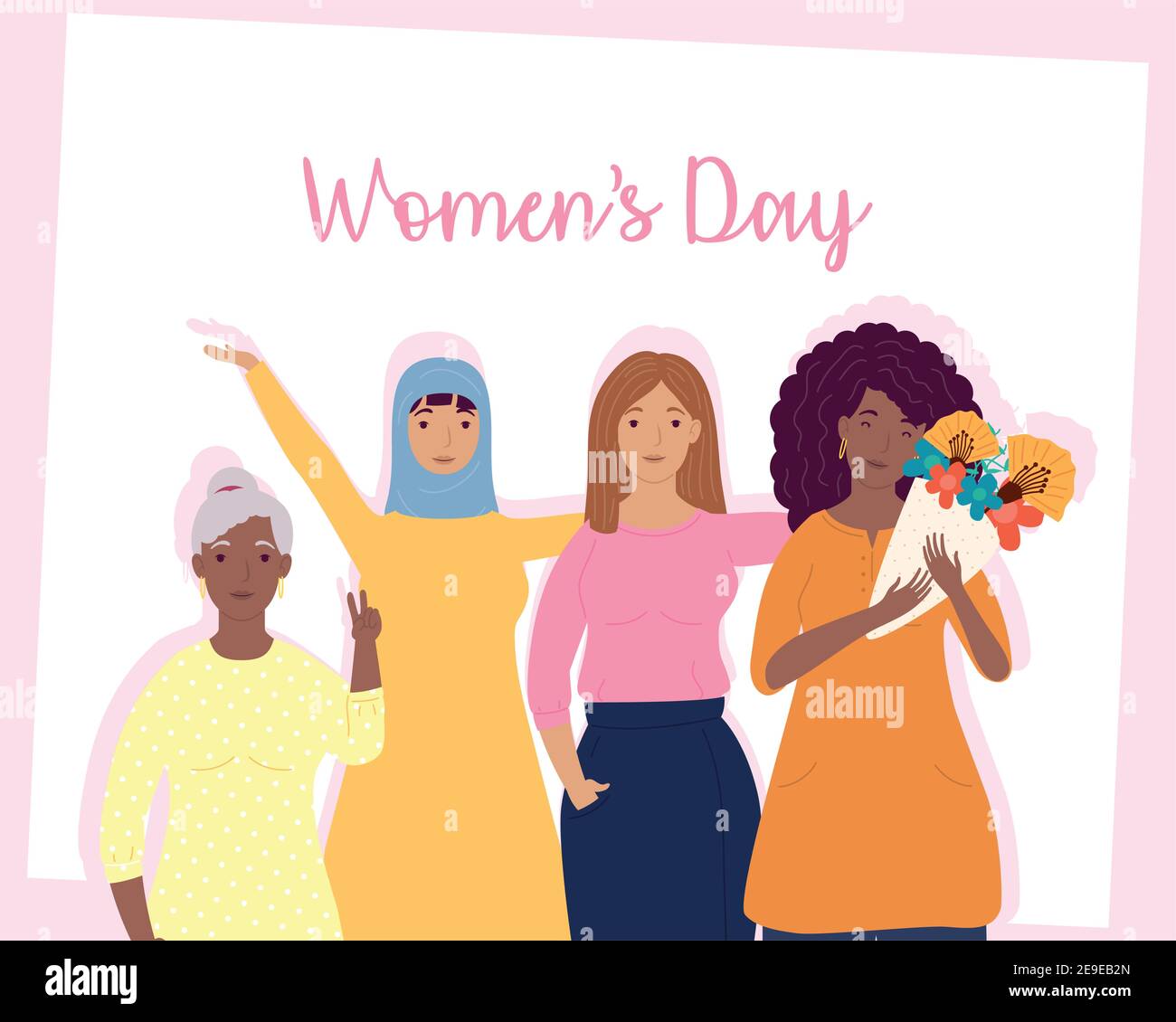 womens day lettering with group of interracial girls characters vector ...