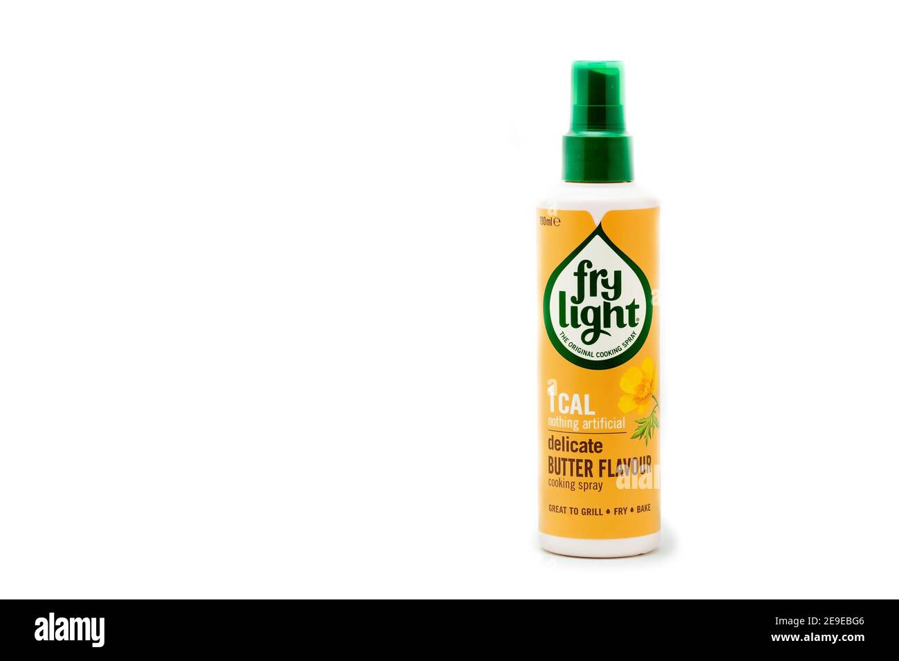 A single bottle of Fry Light spray. A one calorie light oil alternative to  traditional cooking oils. The bottle featured is the buttery taste option  Stock Photo - Alamy