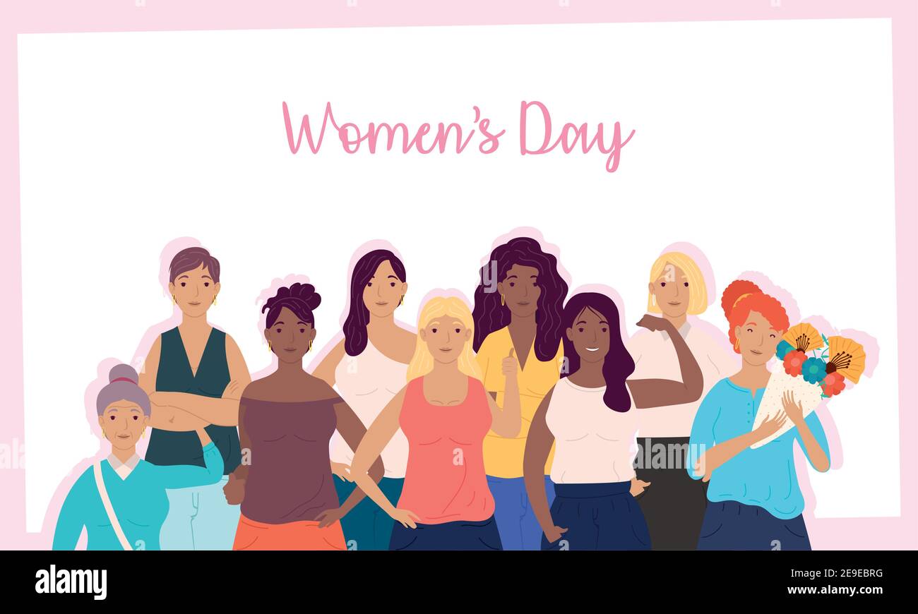happy womens day lettering card with group of girls characters vector ...