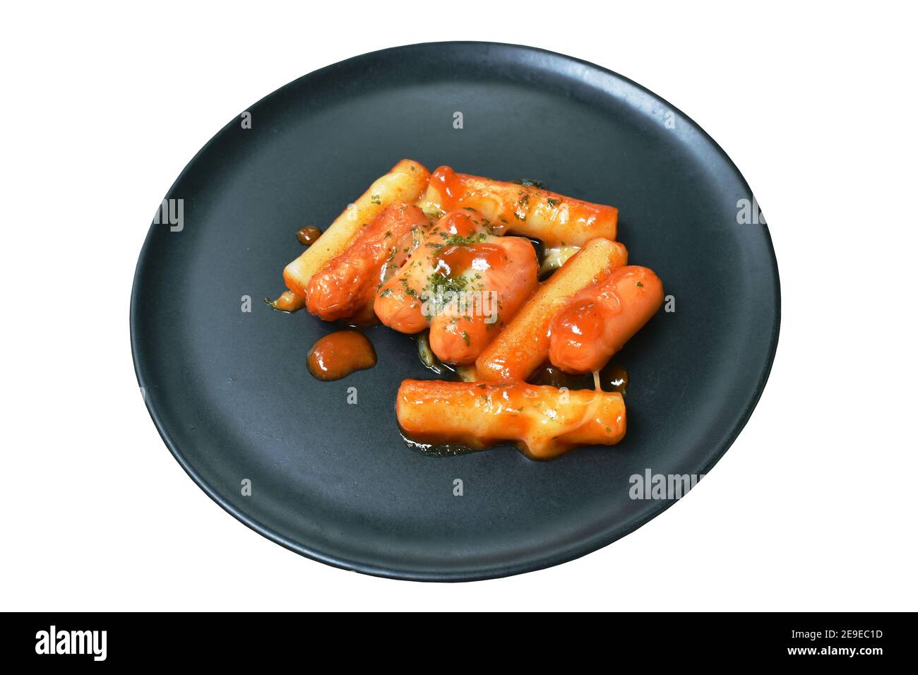 pork sausage dressing cheese and spicy chili sauce topping chop seaweed on plate Stock Photo