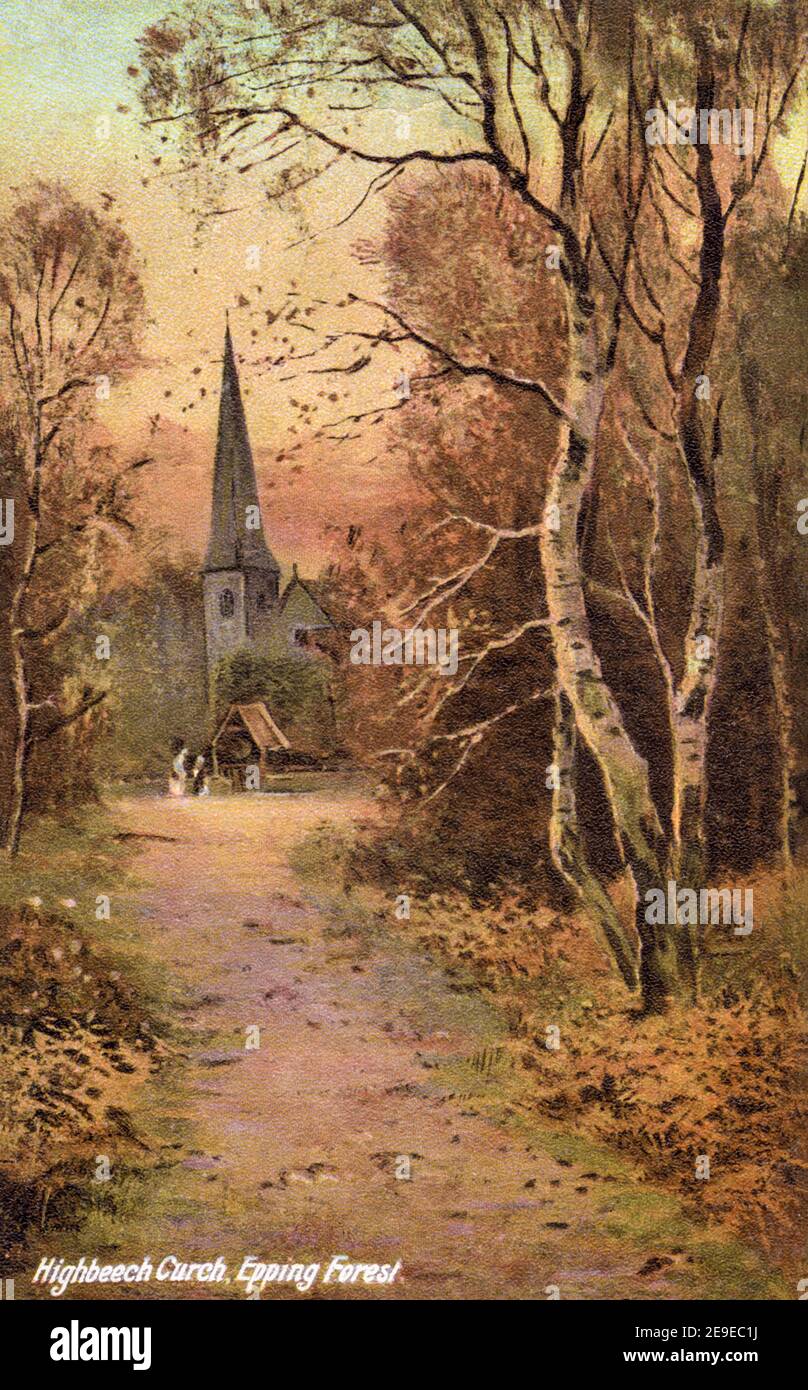 A coloured postcard of Highbeech Church (High Beach Church) Epping Forest near Loughton, Essex UK - posted in 1907. Believed copyright free. Stock Photo