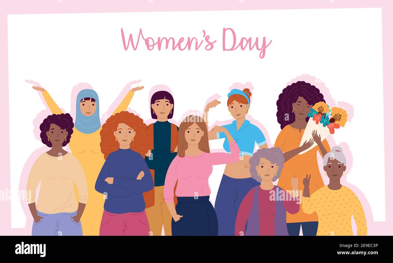 womens day lettering with group of interracial girls vector ...
