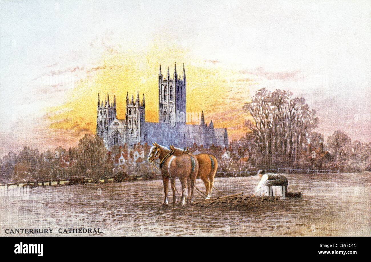 A coloured postcard of Canterbury Cathedral dating from the 1920s. Stock Photo