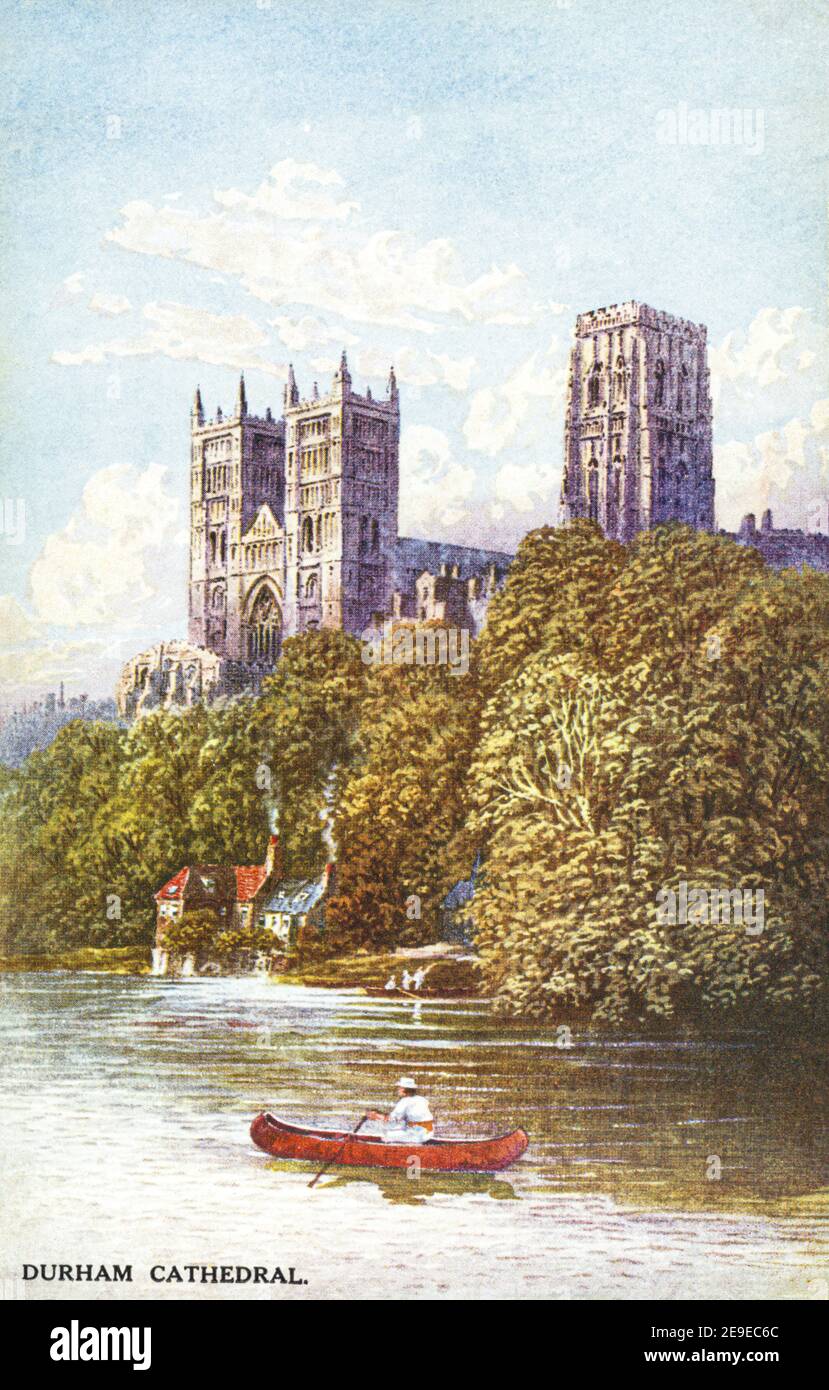 A coloured postcard of Durham Cathedral dating from the 1920s. Stock Photo