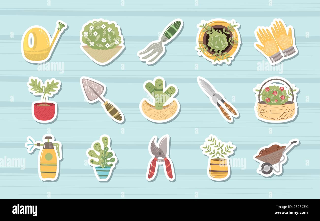 home garden watering can rake plant scissors wheelbarrow icons vector ...
