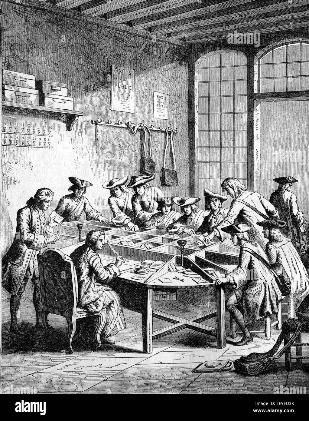 French Postal Letter Sorting Office or Post Office during Reign of Louis XV. Vintage Illustration or Engraving Stock Photo