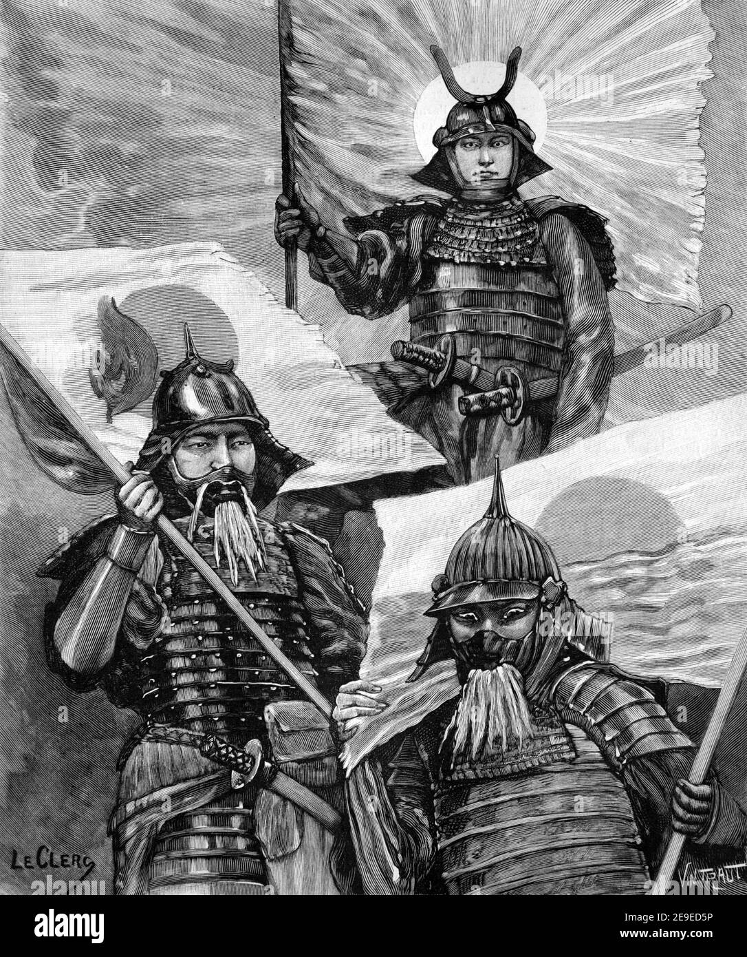 Sun Nations China Korea & Japan Armies or Soldiers Dressed in Armour or Military Uniforms Asia 1898 Vintage Illustration or Engraving Stock Photo