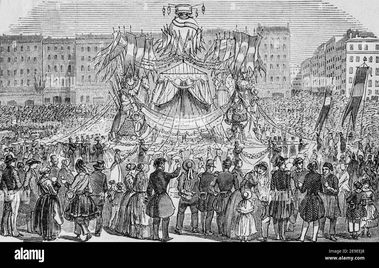 fete du 21 mai ,trophee du bazar du voyage,tableau de paris par edmond texier,editeur paulin et le chavalier 1853 Stock Photo