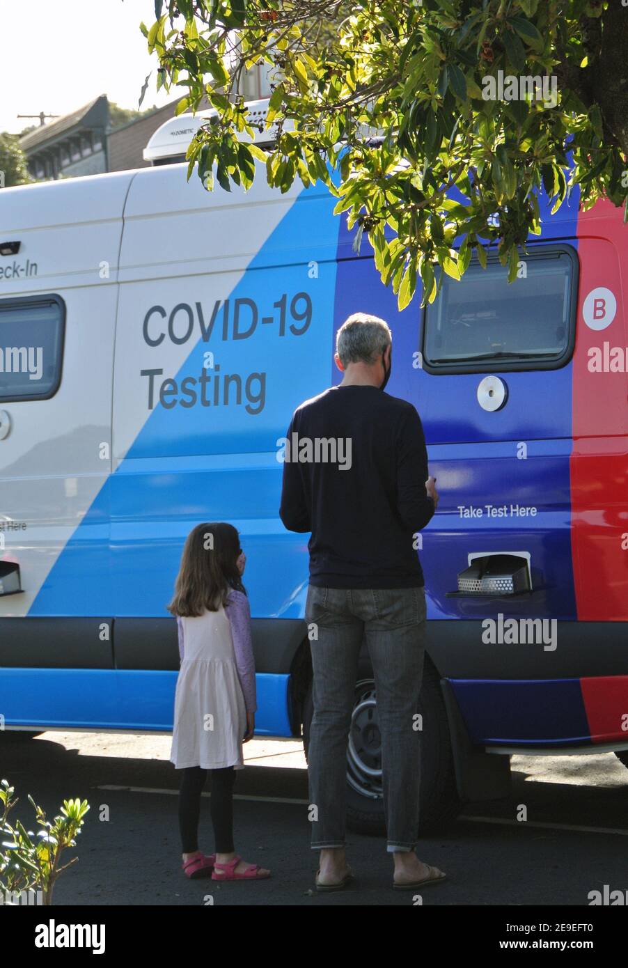 essential workers and family at Covid 19  mobil testing site for coronavirus in Sausalito Marin County  suburb of San Francisco Californioa usa Stock Photo