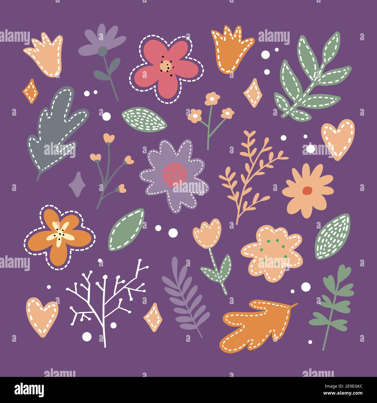 Set of flat Spring flower icons in silhouette isolated on white. Cute ...