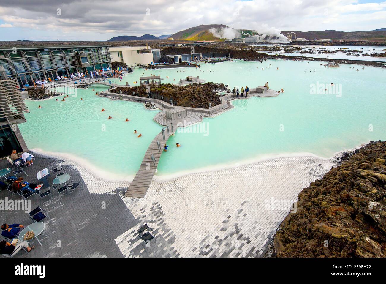 Elevated view of Blue Lagoon (Icelandic: 'Bláa lónið') geothermal spa is one of the most visited attractions in Iceland. Stock Photo