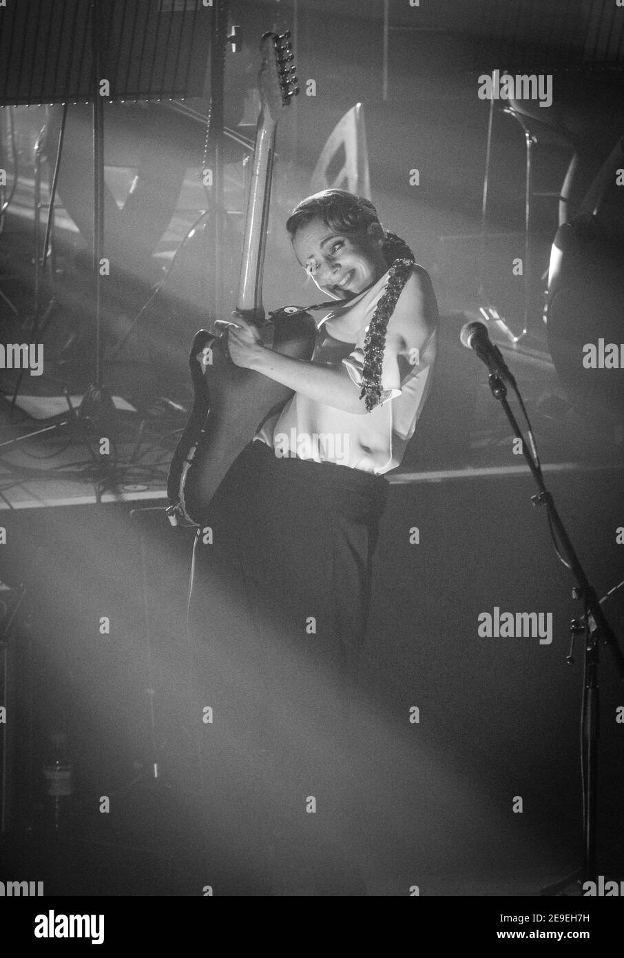 Anna Calvi performing live on stage with the Heritage Orchestra at the St John at Hackney church in London accompanied with various special guests Stock Photo