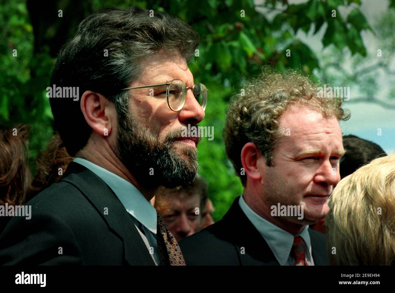 Northern Ireland Peace Talks in Belfast June 1996 Showing Sinn Fein Leaders Gerry Adams and Martin McGuinness who were all excluded from the Stormont peace negotiations at the time. Stock Photo