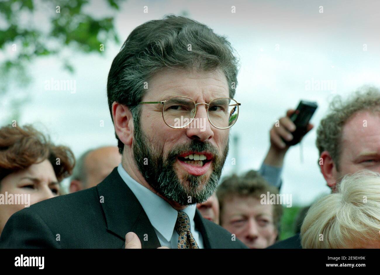 Northern Ireland Peace Talks in Belfast June 1996 Showing Sinn Fein Leader Gerry Adams who were all excluded from the Stormont peace negotiations at the time. Stock Photo