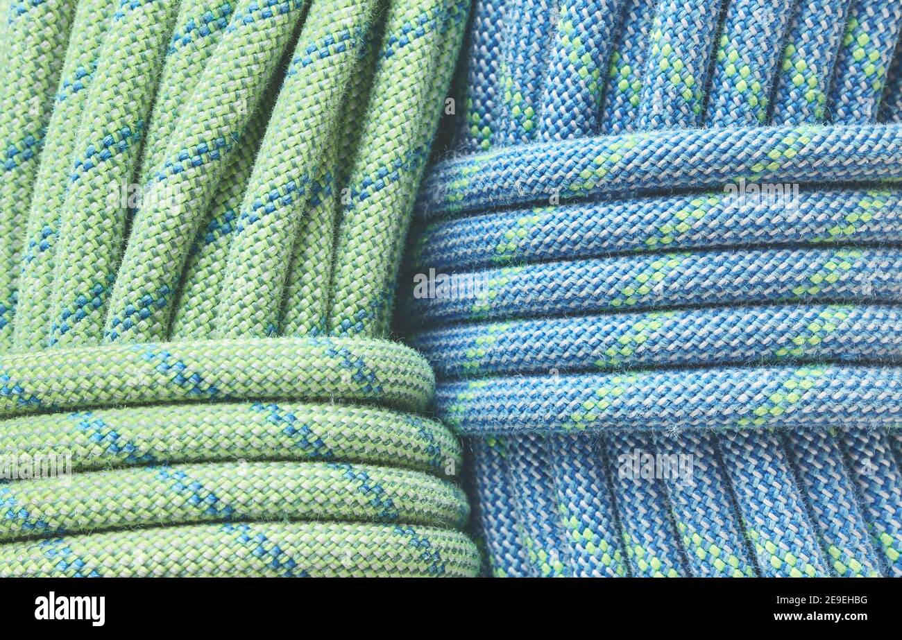 Climbing ropes close up picture, abstract background, selective focus. Stock Photo
