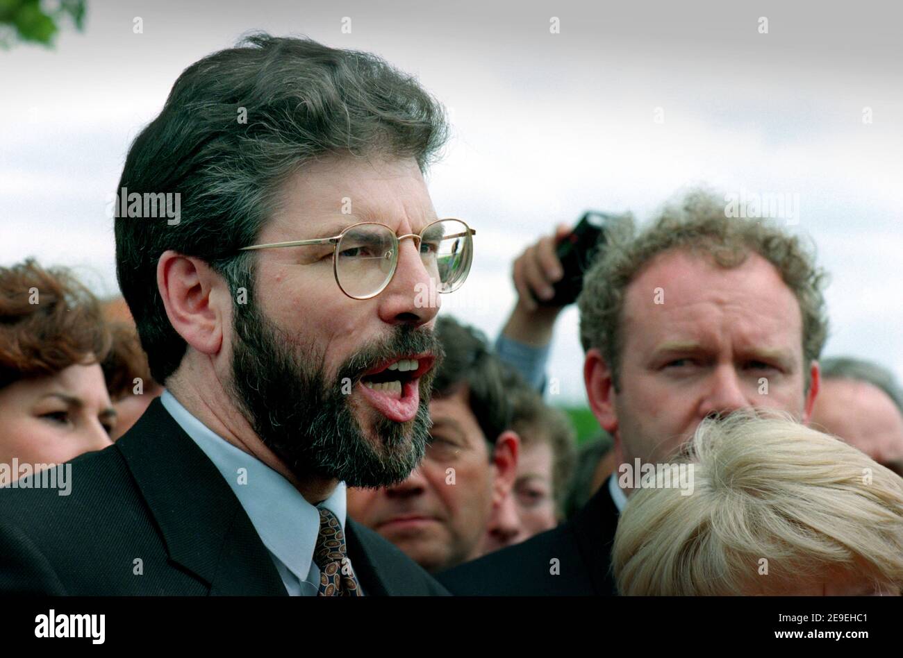 Northern Ireland Peace Talks in Belfast June 1996 Showing Sinn Fein Leaders Gerry Adams and Martin McGuinness who were all excluded from the Stormont peace negotiations at the time. Stock Photo