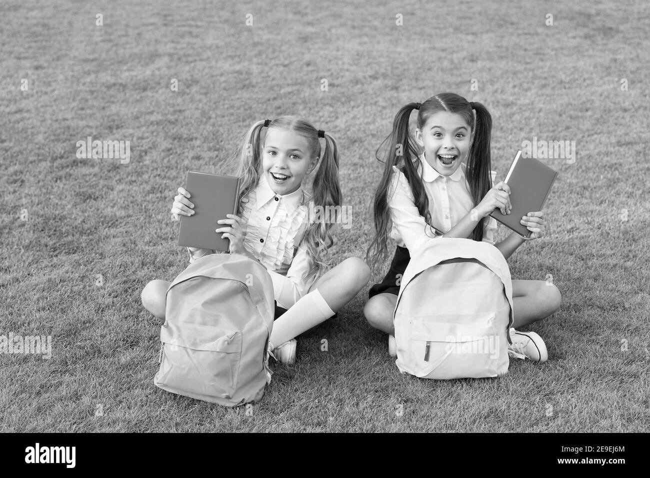 Books are best friends. Happy kids hold books outdoors. Adorable bookworms on green grass. School library. Literature and language. English grammar. Education and knowledge. Books about friendship. Stock Photo
