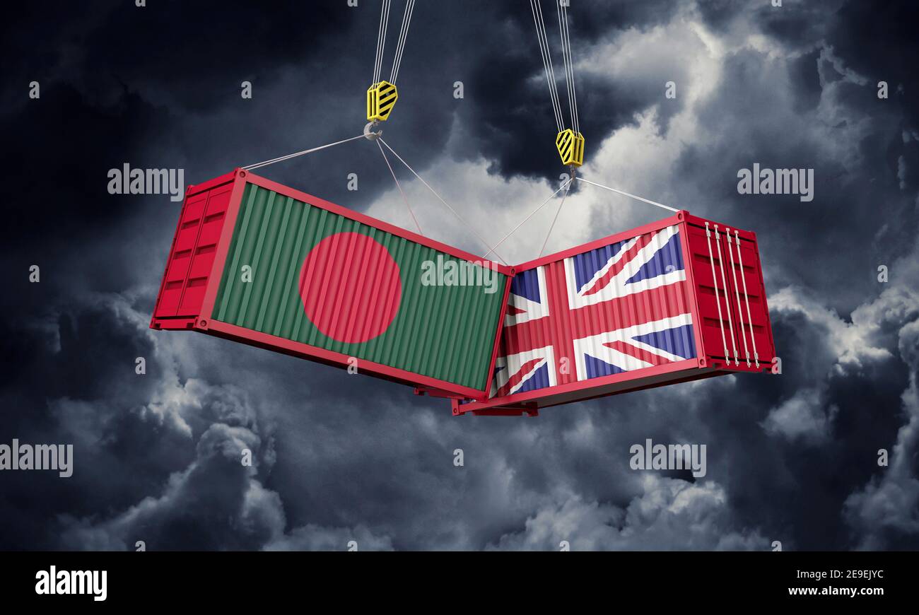 UK and Bangladesh business trade deal. Clashing cargo containers. 3D