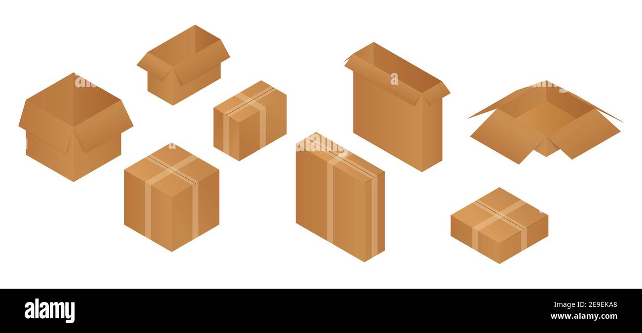 Isometric carton packaging opened and closed box set of different size. Vector illustration isolated on white. Stock Vector