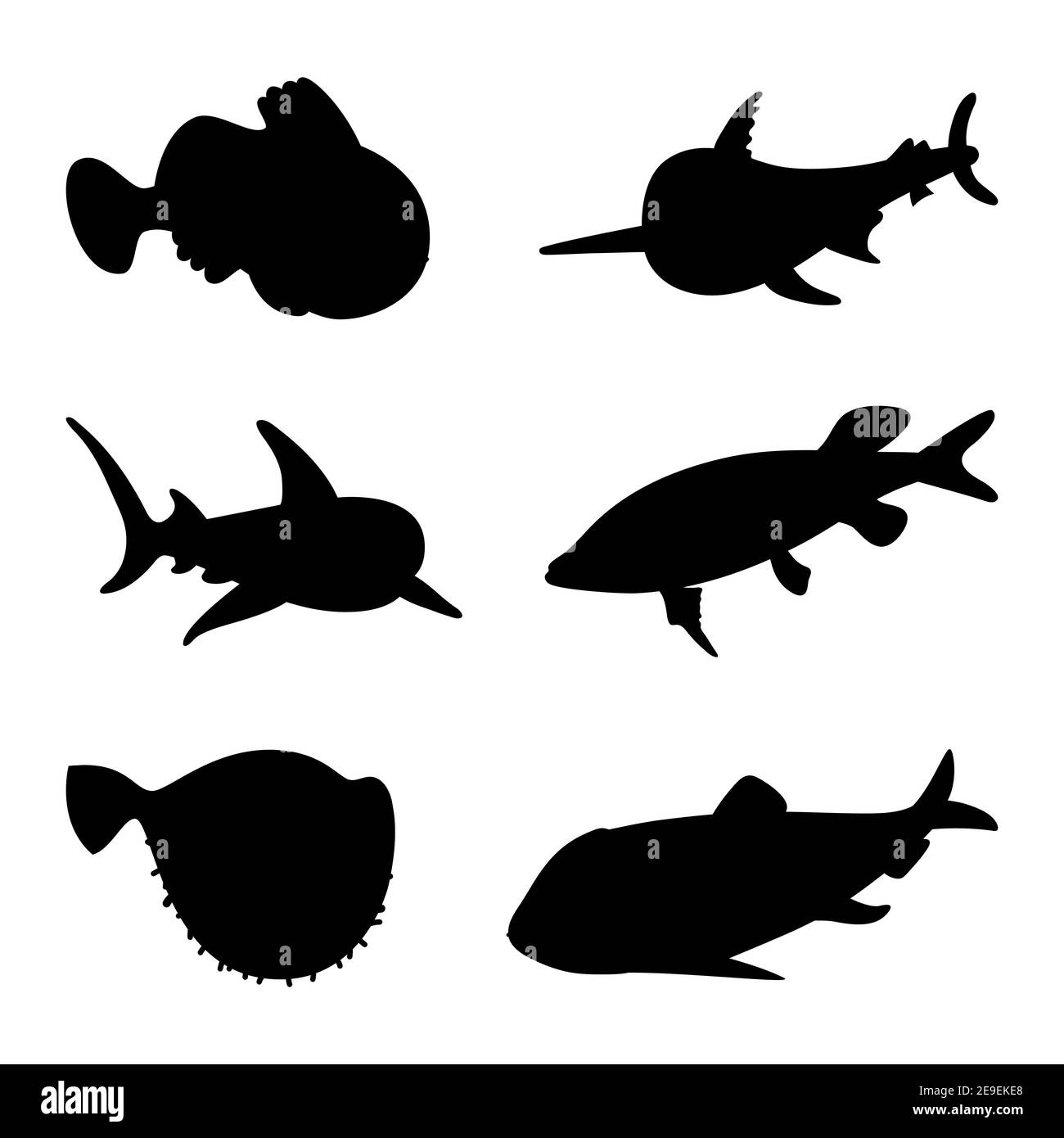 Fishes - set of vector icons. Silhouette. Isolated over white background. Stock Vector
