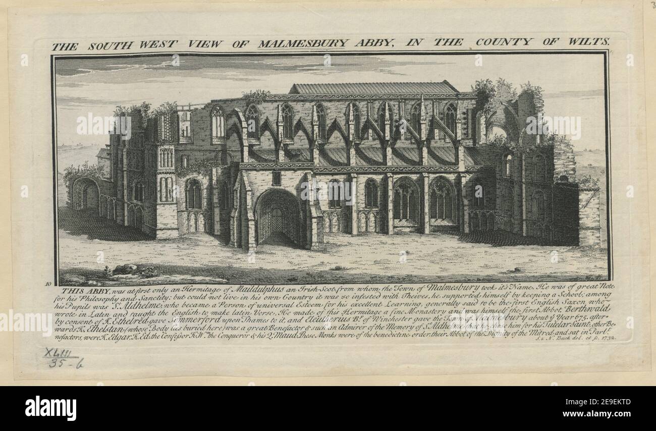 THE SOUTH WEST VIEW OF MALMESBURY ABBY, IN THE COUNTY OF WILTS.  Author  Buck, Samuel 43.35.b. Place of publication: [England] Publisher: [Samuel and Nathaniel Buck] Date of publication: [1732]  Item type: 1 print Medium: etching Dimensions: platemark 19.4 x 37.7 cm, on sheet 23.4 x 40.3 cm.  Former owner: George III, King of Great Britain, 1738-1820 Stock Photo